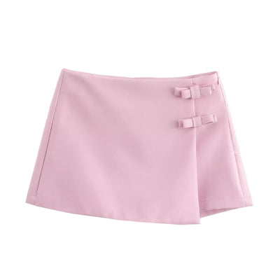 TRAF Saia-calça curta feminina com laço rosa, cintura alta, mini saia branca, moda verão, feminina, streetwear, culottes assimétricas
