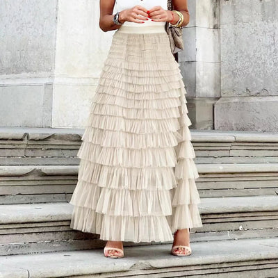 Saias casuais sólidas femininas em camadas, saia de tule com cintura alta, plissada, longa, tutu, elegantes, para mulheres, malha selvagem, saias longas para encontros