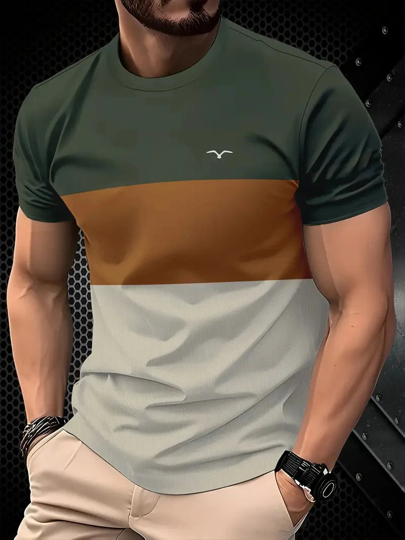 Camiseta masculina de manga curta, respirável, gola redonda, listrada, estampada, tamanho grande, solta, para o verão