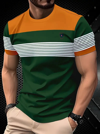 Camiseta masculina clássica de verão para atividades ao ar livre, gola redonda, manga curta, listrada, estampa de rua, camiseta solta, roupa grande masculina