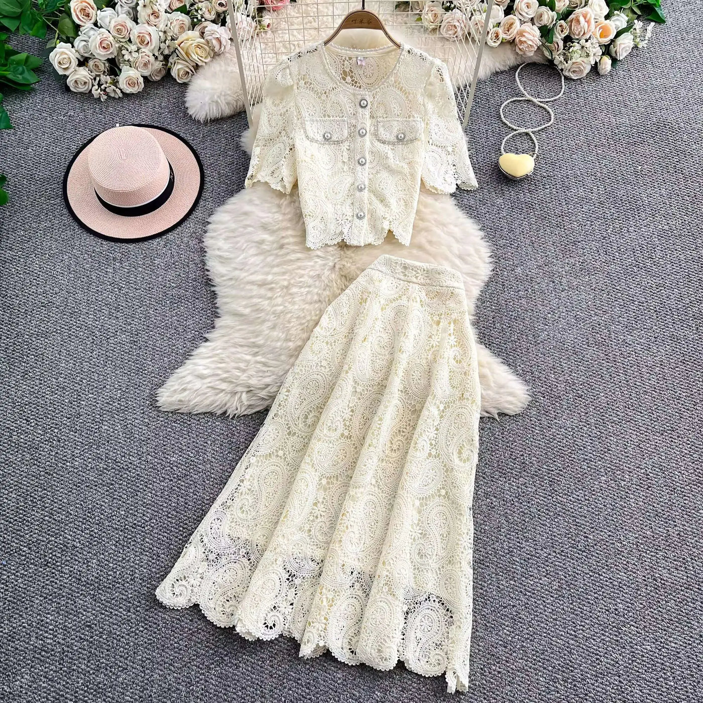 Elegante vestido longo de pérolas, conjunto feminino de 2 peças, manga curta, flor, bordado, camisa de renda, saia midi evasê