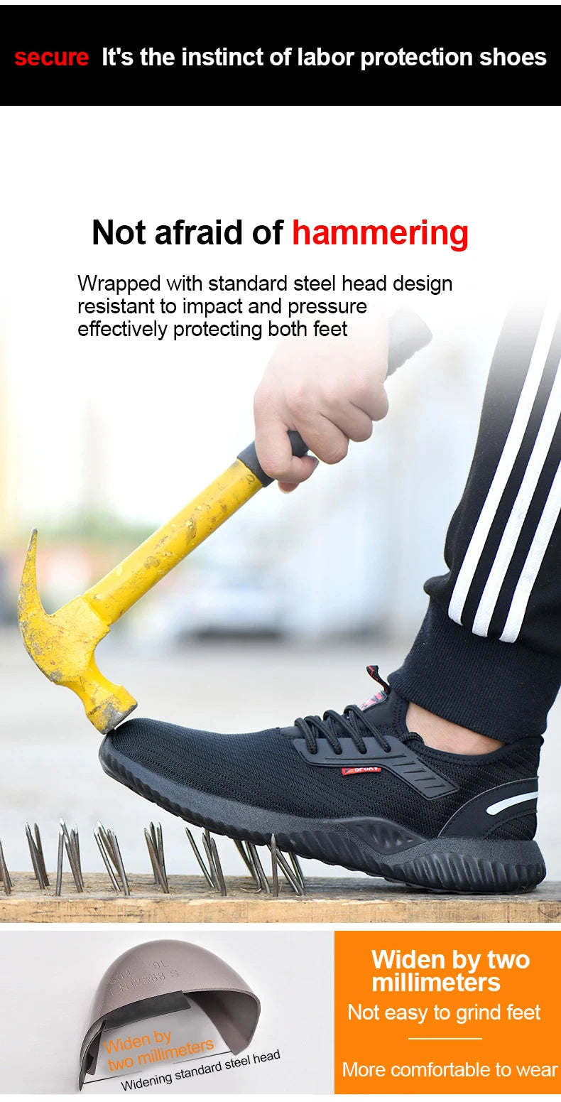 Tênis de trabalho com biqueira de aço, calçados de segurança masculinos à prova de furos, botas de trabalho da moda, calçados indestrutíveis de segurança