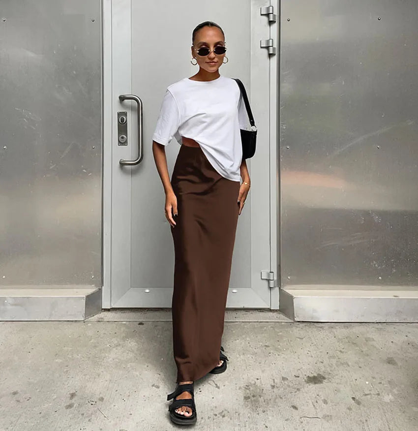 Saias elegantes de cetim preto trompete moda saias finas de cintura alta femininas sólidas escritório saia longa primavera verão