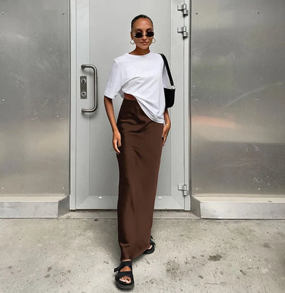 Saias elegantes de cetim preto trompete moda saias finas de cintura alta femininas sólidas escritório saia longa primavera verão