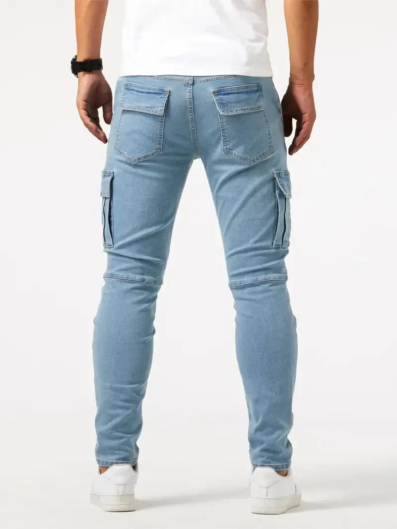 Calça jeans cargo masculina elástica de rua 2025, calça jeans lavada, cor sólida, vários bolsos, casual, cintura média, slim, uso diário, para corrida