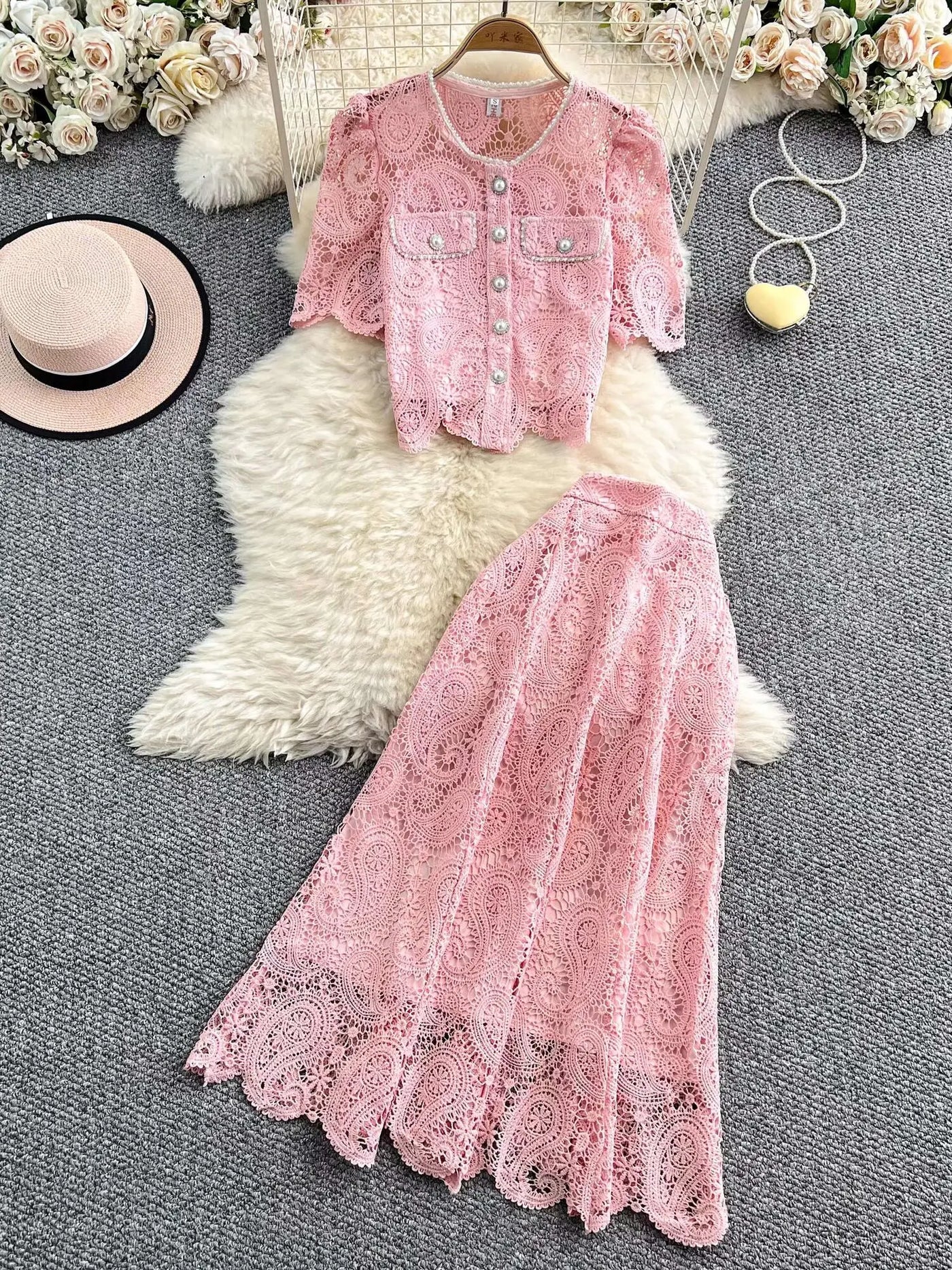 Elegante vestido longo de pérolas, conjunto feminino de 2 peças, manga curta, flor, bordado, camisa de renda, saia midi evasê