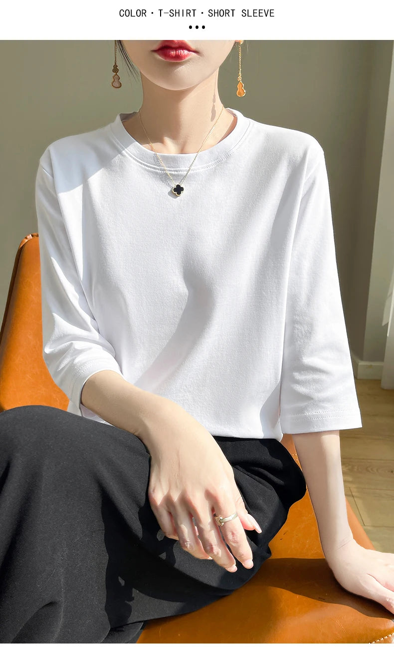 Camiseta feminina de manga curta de algodão mercerizado branco, nova primavera e verão, coringa, algodão, manga curta, camisa
