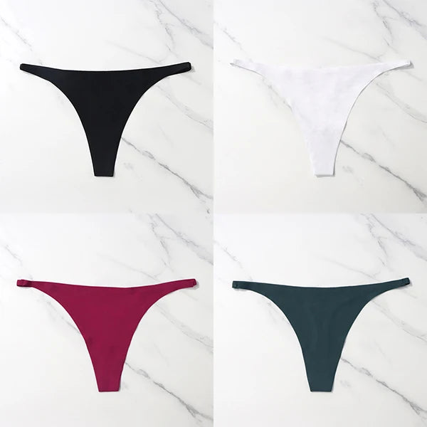 Lote com 4 peças de calcinhas sensuais sem costura, roupa íntima feminina, com cordão de seda gelo, cintura fina, tanga feminina, lisa, tanga feminina, costas nuas