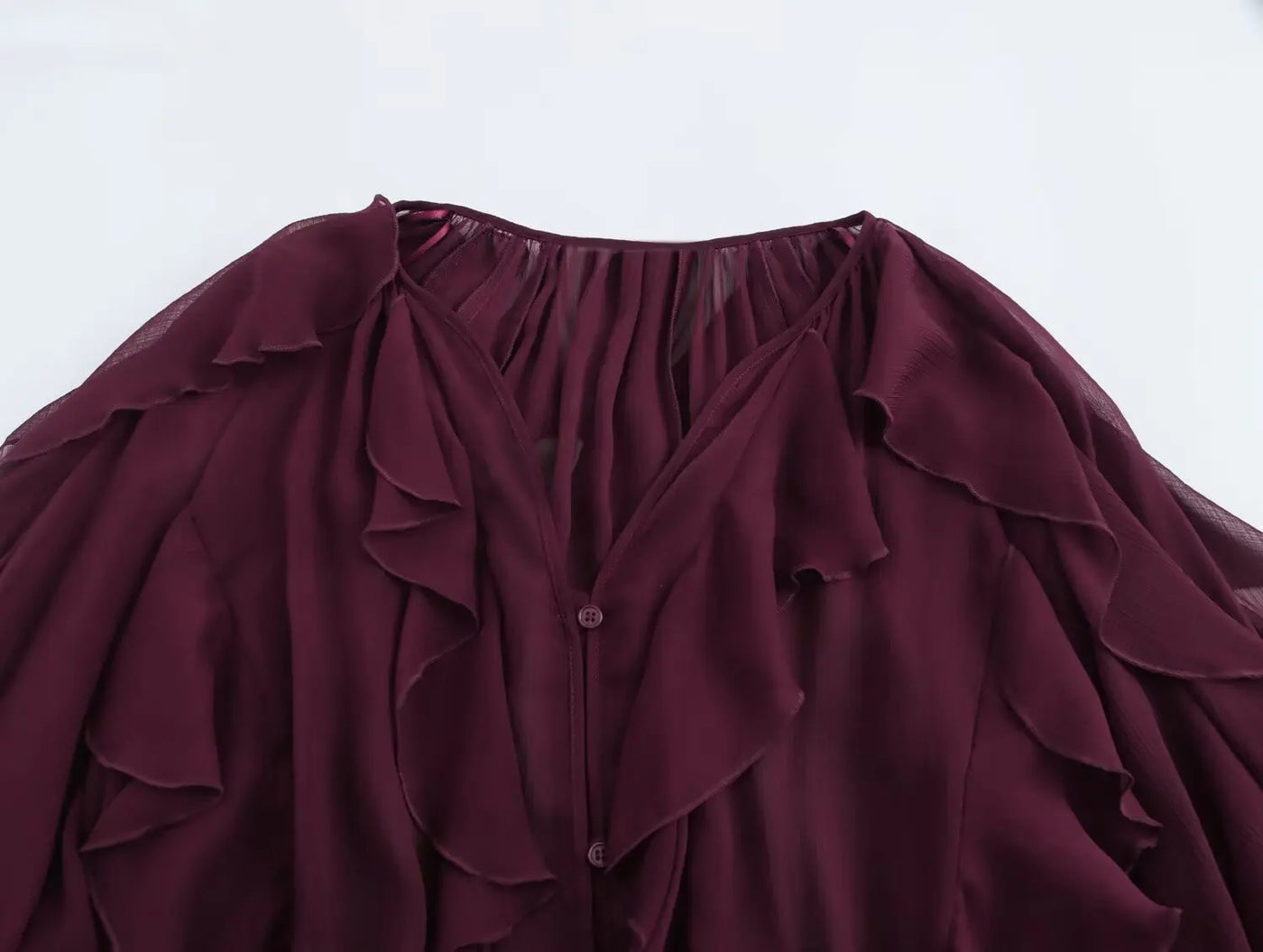 Camisas femininas elegantes, soltas, de manga comprida, em camadas, para escritório, vintage, com decote em V, translúcidas, com babados em camadas, verão 2025