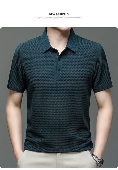Nova camiseta masculina de manga curta de verão, camisa polo fresca e respirável, casual para negócios, com absorção de suor