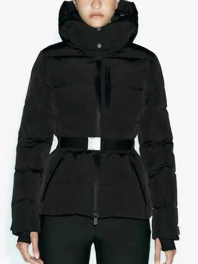 Casacos femininos de inverno com capuz, cintura alta, acolchoados, esportivos, parkas, com cinto, elegantes, grossos, quentes, à prova de vento, jaquetas de esqui