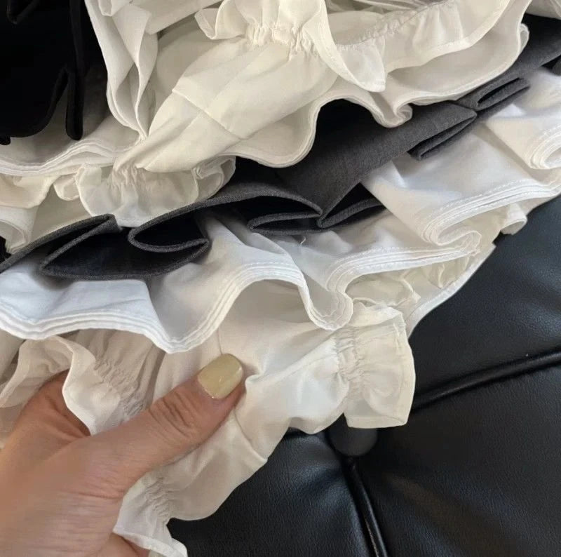 Mooyufon Babados Mini Saia Preta Feminina Coreana Patchwork Plissada Japonesa Kawaii Cintura Alta Combinando Saia A Line Nova