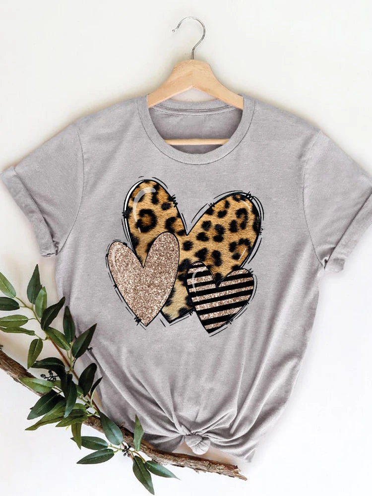 Roupas de verão leopardo amor coração doce moda feminina camisetas casuais manga curta regular camiseta feminina gráfica roupas