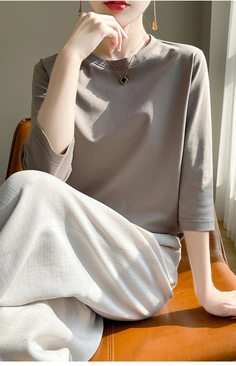 Camiseta feminina de manga curta de algodão mercerizado branco, nova primavera e verão, coringa, algodão, manga curta, camisa