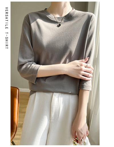 Camiseta feminina de manga curta de algodão mercerizado branco, nova primavera e verão, coringa, algodão, manga curta, camisa