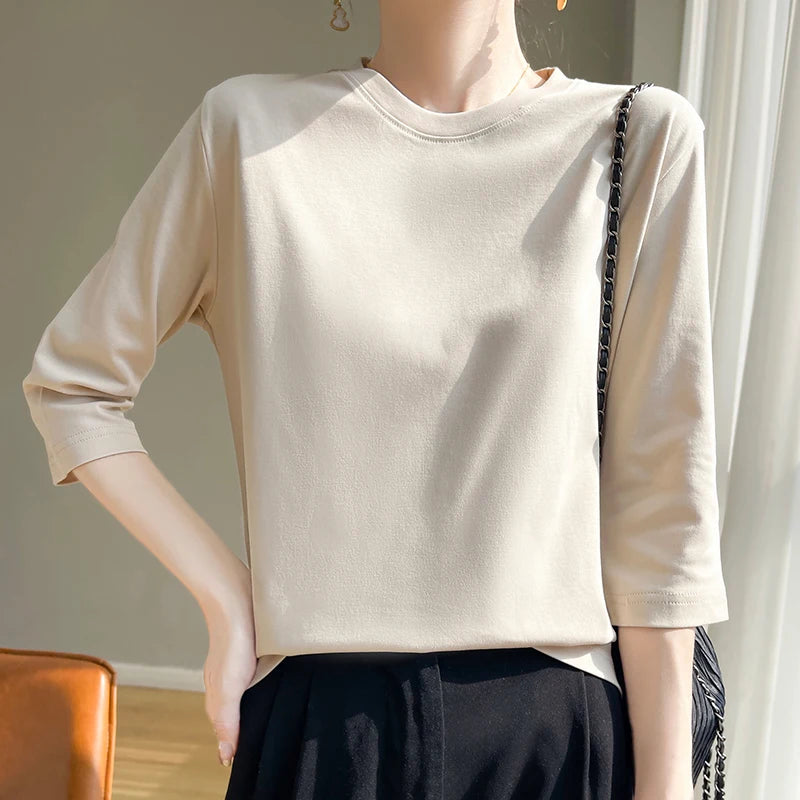 Camiseta feminina de manga curta de algodão mercerizado branco, nova primavera e verão, coringa, algodão, manga curta, camisa