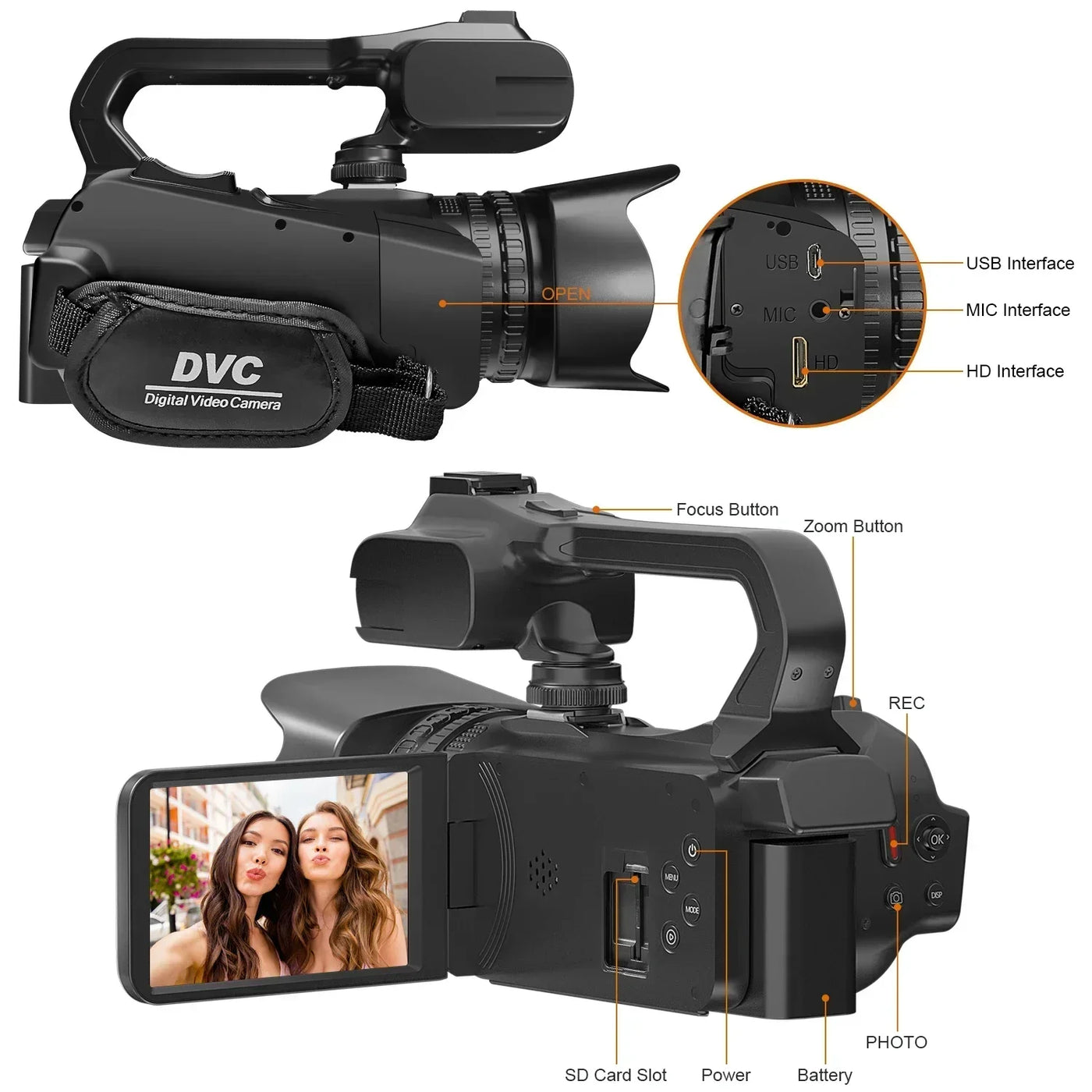 Câmera de vídeo profissional 6K para fotografia, zoom digital de 18x, visão noturna, câmera de vlog, webcam de transmissão ao vivo com WiFi de 64 MP