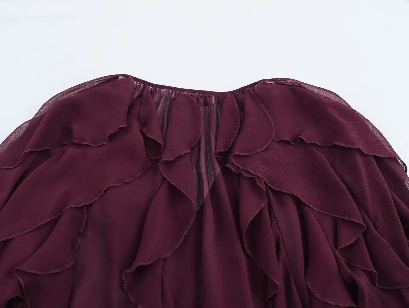 Camisas femininas elegantes, soltas, de manga comprida, em camadas, para escritório, vintage, com decote em V, translúcidas, com babados em camadas, verão 2025