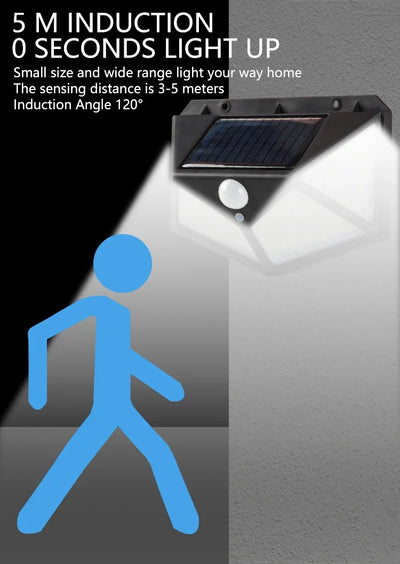 Luminária de parede solar 100LED, lâmpada externa à prova d'água, sensor de movimento, luz solar, lâmpada de rua, corrimão de jardim, lâmpada decorativa