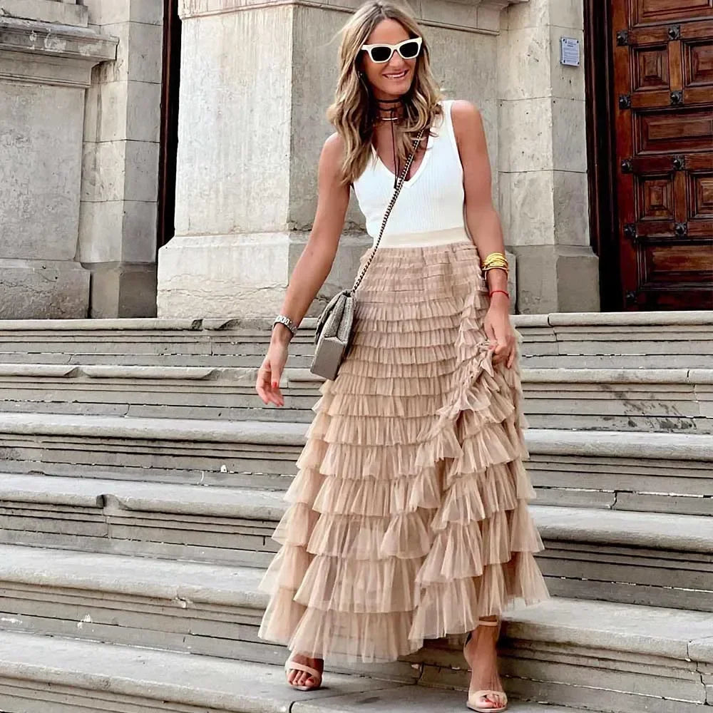 Saias casuais sólidas femininas em camadas, saia de tule com cintura alta, plissada, longa, tutu, elegantes, para mulheres, malha selvagem, saias longas para encontros