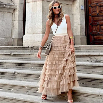 Saias casuais sólidas femininas em camadas, saia de tule com cintura alta, plissada, longa, tutu, elegantes, para mulheres, malha selvagem, saias longas para encontros