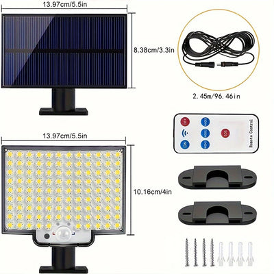 Luz solar dividida 106LED para áreas externas, à prova d'água, com sensor de movimento, holofote com controle remoto, 3 modos para pátio, garagem e quintal