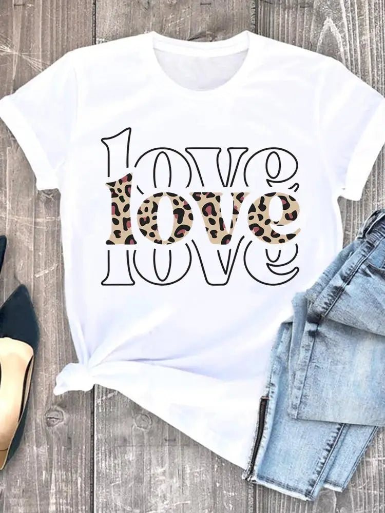 Roupas de verão leopardo amor coração doce moda feminina camisetas casuais manga curta regular camiseta feminina gráfica roupas