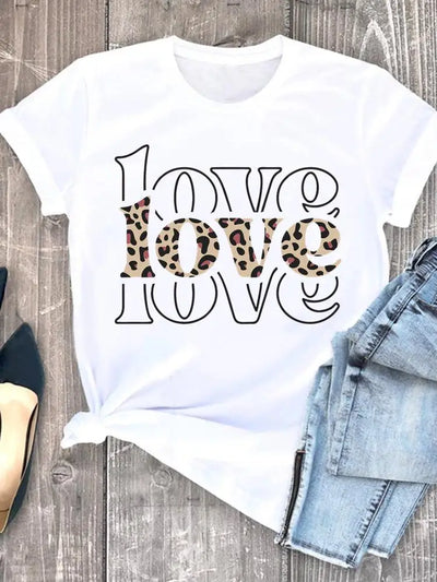 Roupas de verão leopardo amor coração doce moda feminina camisetas casuais manga curta regular camiseta feminina gráfica roupas