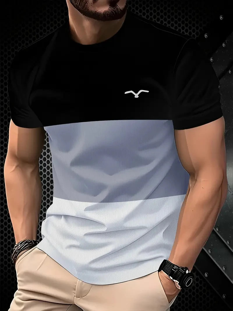 Camiseta masculina de manga curta, respirável, gola redonda, listrada, estampada, tamanho grande, solta, para o verão