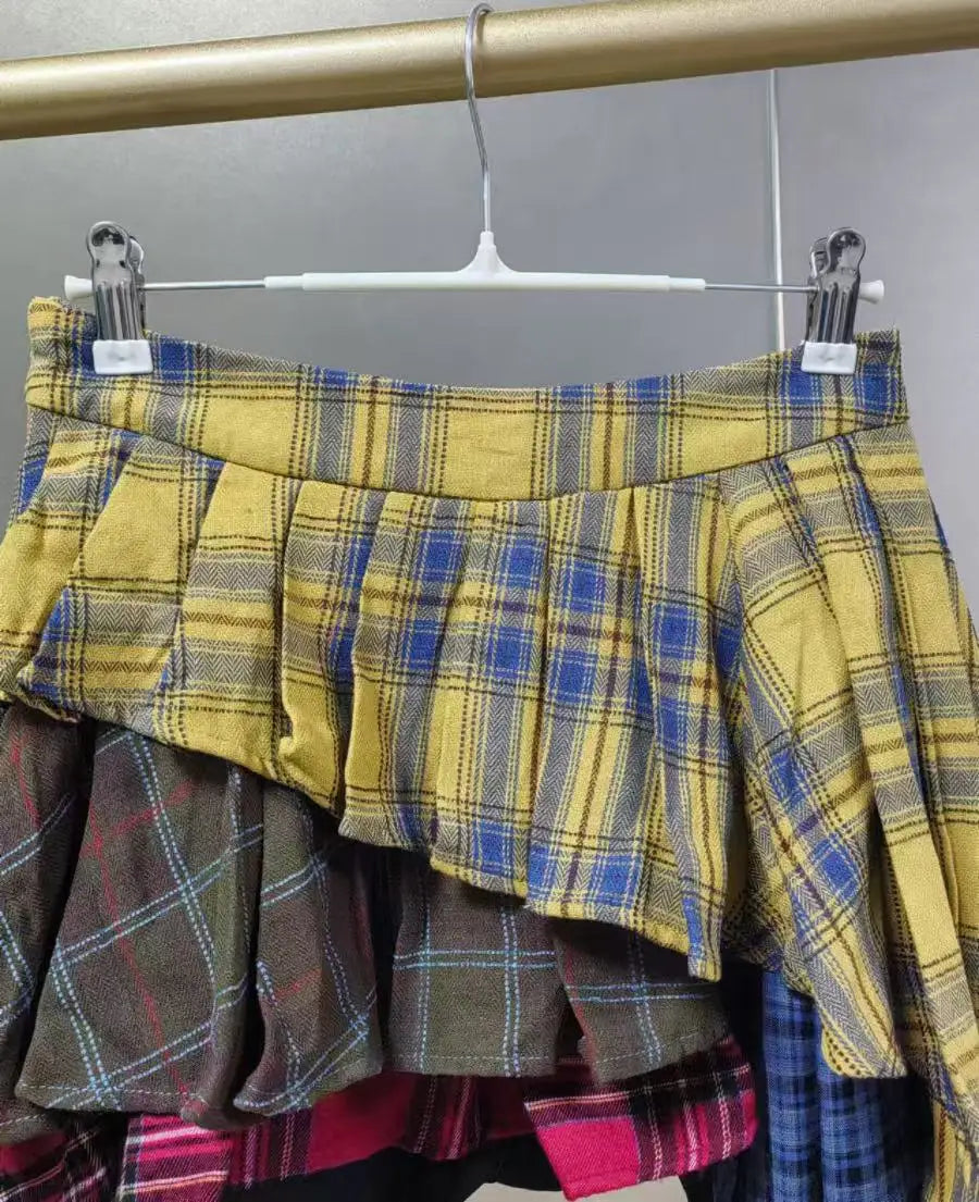 Foto real tendência de outono nova moda algodão xadrez patchwork saia irregular cintura alta calças saia feminina streetwear Y2K saia