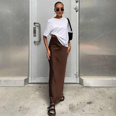 Saias elegantes de cetim preto trompete moda saias finas de cintura alta femininas sólidas escritório saia longa primavera verão