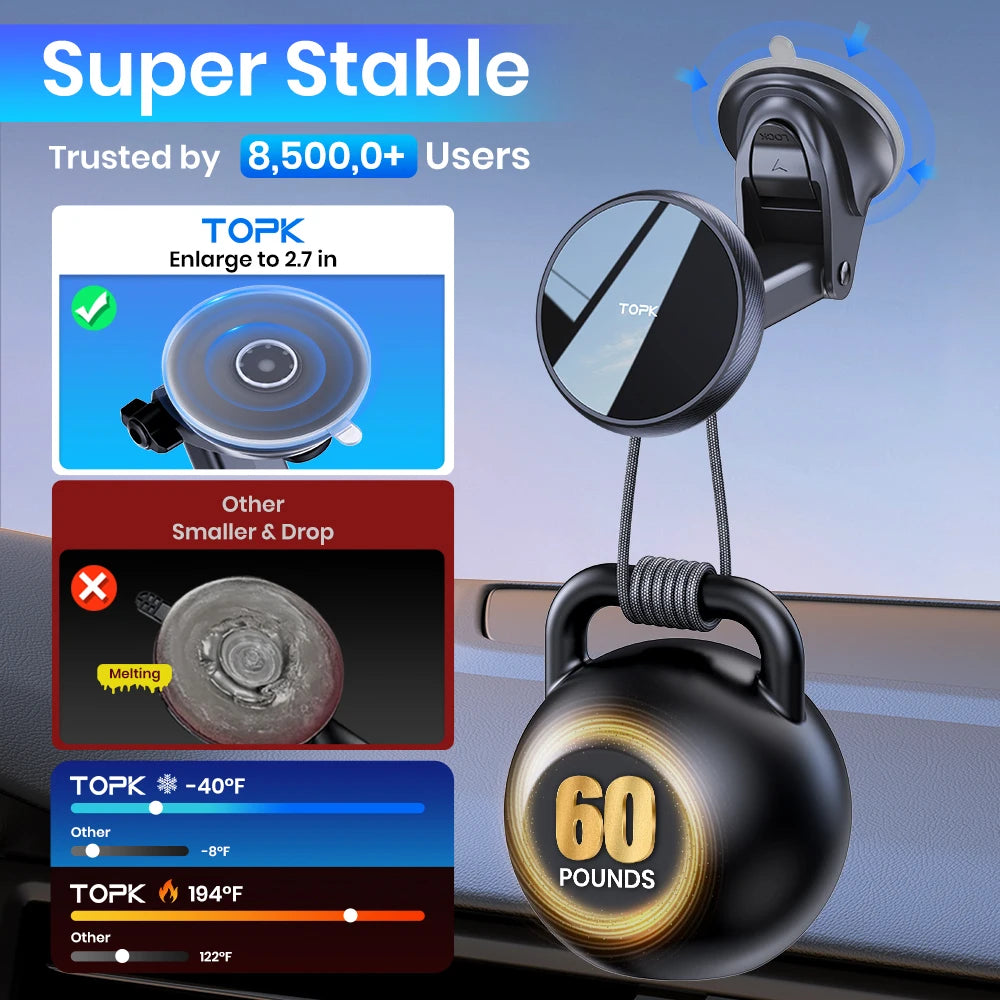 Suporte magnético para celular TOPK Mag-Safe para carro, para-brisa e painel [forte sucção] Braço longo ajustável para celulares