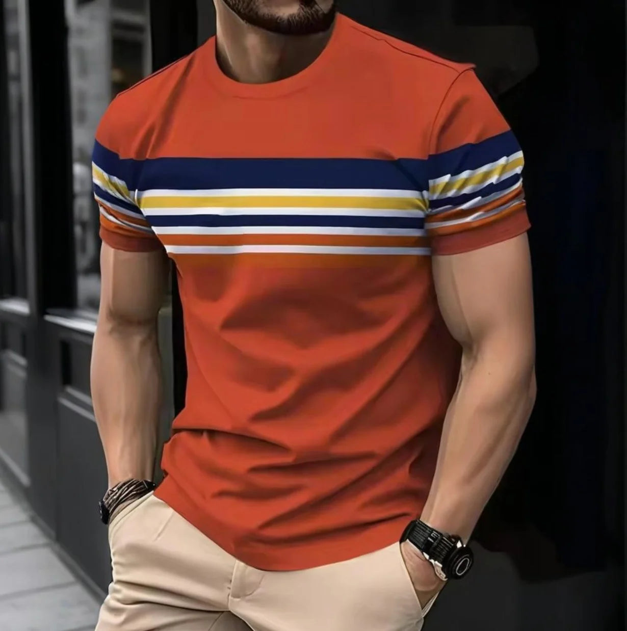 Camiseta masculina para atividades ao ar livre, moda verão, casual, gola redonda, manga curta, listrada, estilo estampado, tamanho asiático, roupa masculina, camiseta