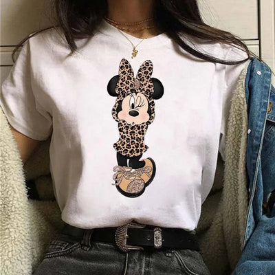 Camisetas fofas de desenho animado da Disney, Mickey Mouse, estampa de leopardo, Minnie, camiseta feminina, verão, branca, manga curta, gola redonda, tops masculinos