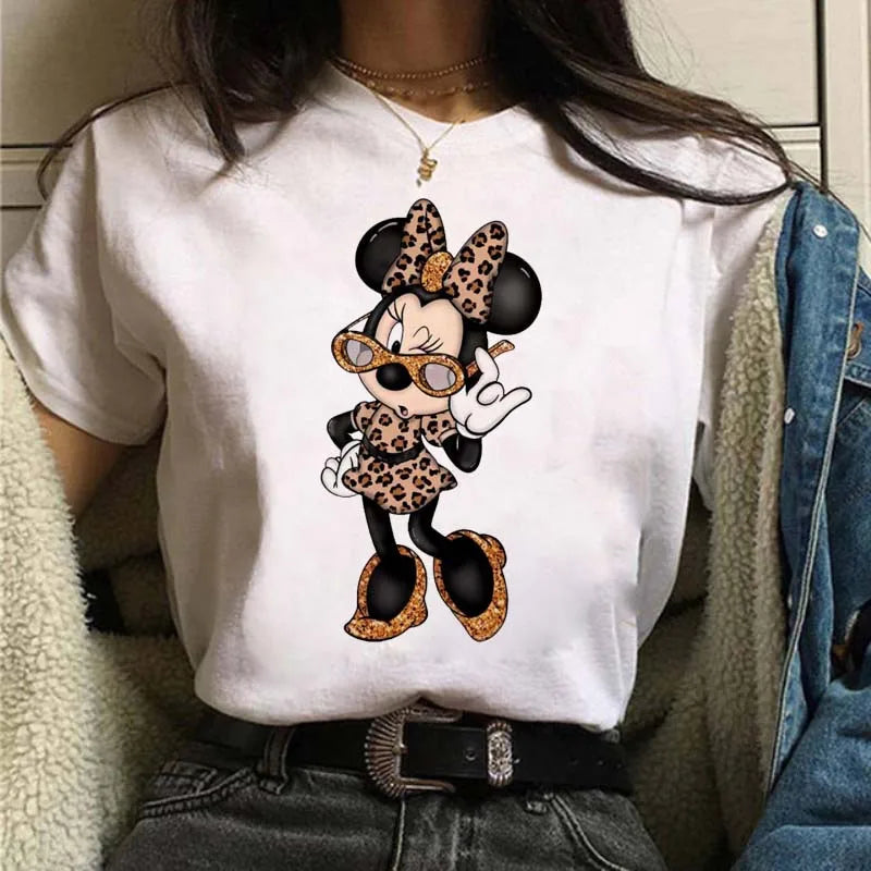 Camisetas fofas de desenho animado da Disney, Mickey Mouse, estampa de leopardo, Minnie, camiseta feminina, verão, branca, manga curta, gola redonda, tops masculinos