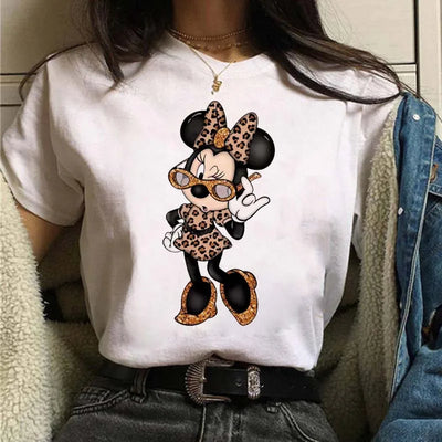 Camisetas fofas de desenho animado da Disney, Mickey Mouse, estampa de leopardo, Minnie, camiseta feminina, verão, branca, manga curta, gola redonda, tops masculinos