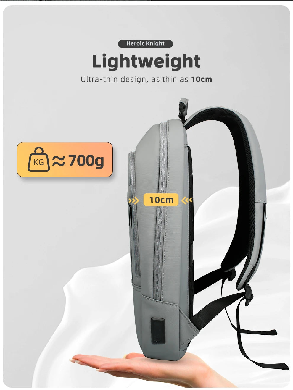 Mochila Heroic Knight para laptop de 14" Mochila fina masculina multifuncional para negócios, à prova d'água, com carregamento USB, mochila de viagem para trabalho