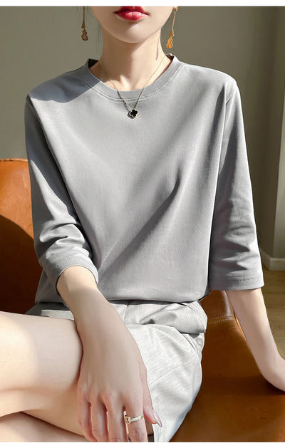 Camiseta feminina de manga curta de algodão mercerizado branco, nova primavera e verão, coringa, algodão, manga curta, camisa