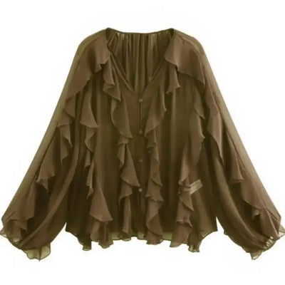 Camisas femininas elegantes, soltas, de manga comprida, em camadas, para escritório, vintage, com decote em V, translúcidas, com babados em camadas, verão 2025