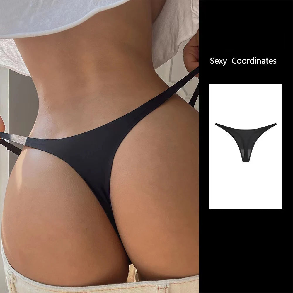 Lote com 4 peças de calcinhas sensuais sem costura, roupa íntima feminina, com cordão de seda gelo, cintura fina, tanga feminina, lisa, tanga feminina, costas nuas