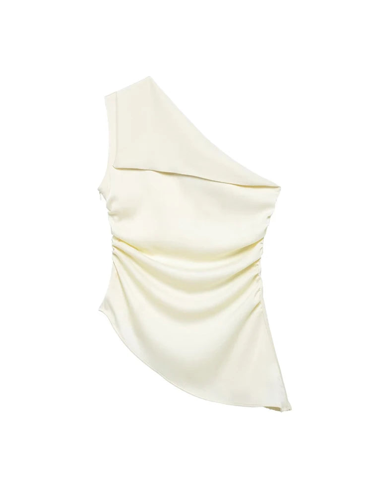 Blusa feminina assimétrica drapeada TRZA, um ombro, zíper lateral, moda chique, camisa feminina