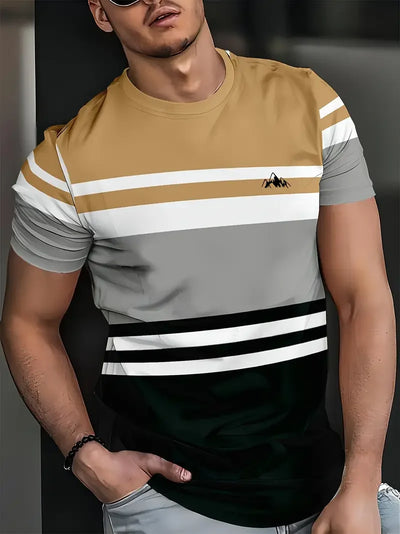 Camiseta masculina clássica de verão para atividades ao ar livre, gola redonda, manga curta, listrada, estampa de rua, camiseta solta, roupa grande masculina