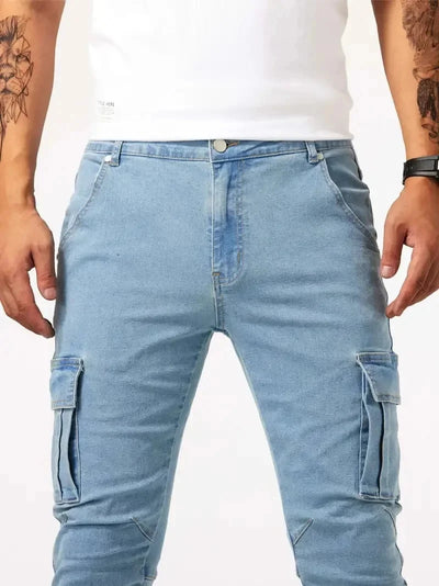 Calça jeans cargo masculina elástica de rua 2025, calça jeans lavada, cor sólida, vários bolsos, casual, cintura média, slim, uso diário, para corrida