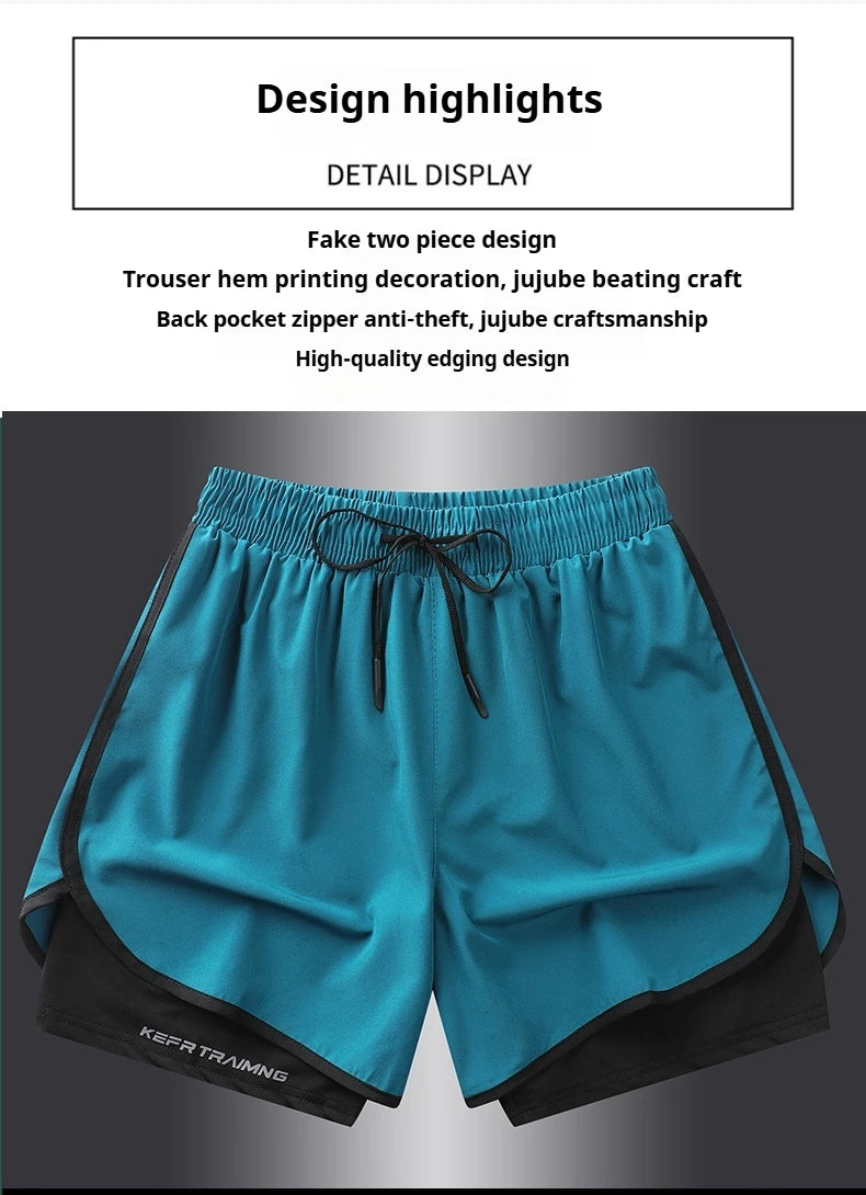 Shorts esportivos casuais anti-exposição de camada dupla masculinos, mais vendidos no verão, para corrida, fitness, calças três quartos