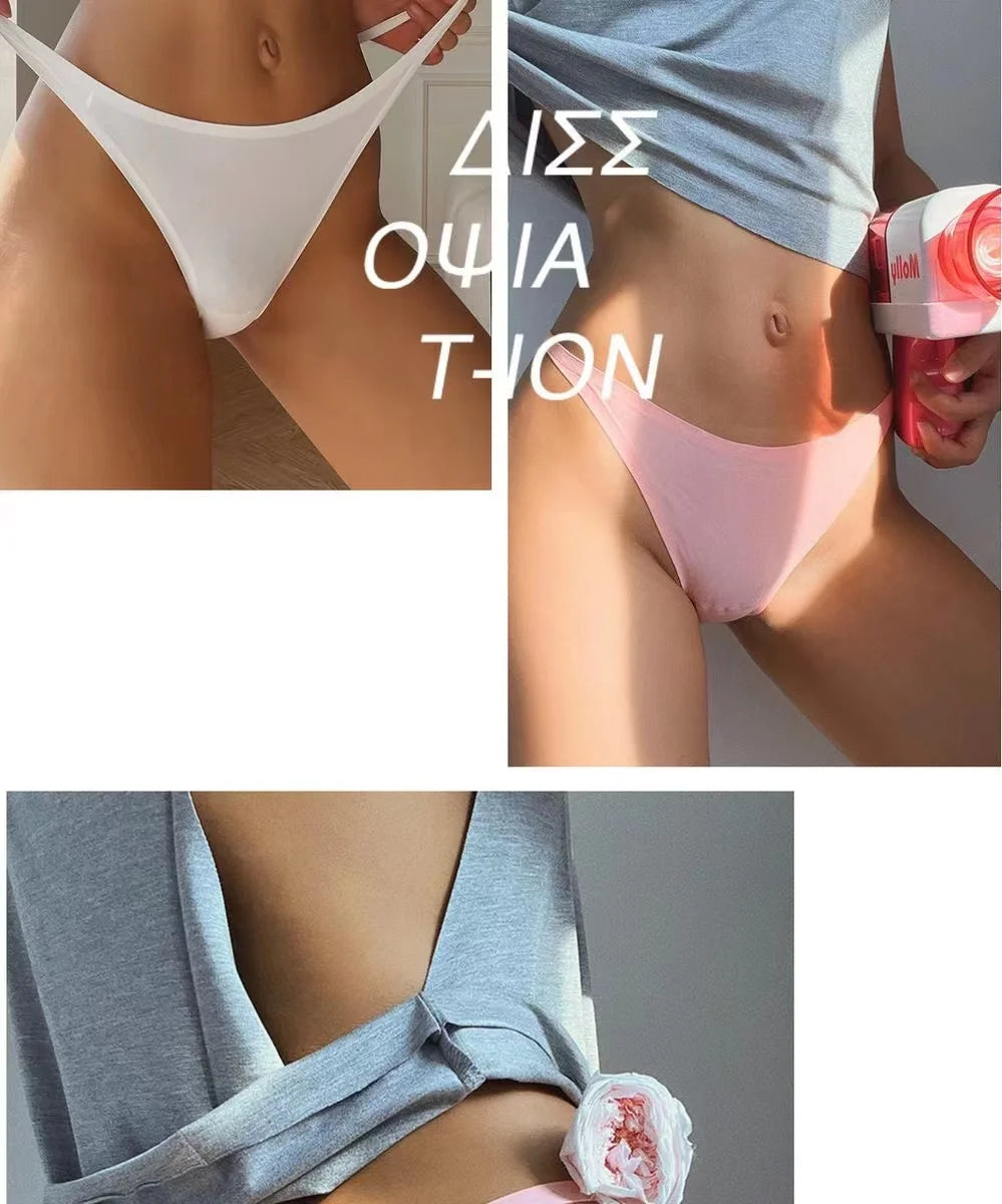 Lote com 4 peças de calcinhas sensuais sem costura, roupa íntima feminina, com cordão de seda gelo, cintura fina, tanga feminina, lisa, tanga feminina, costas nuas