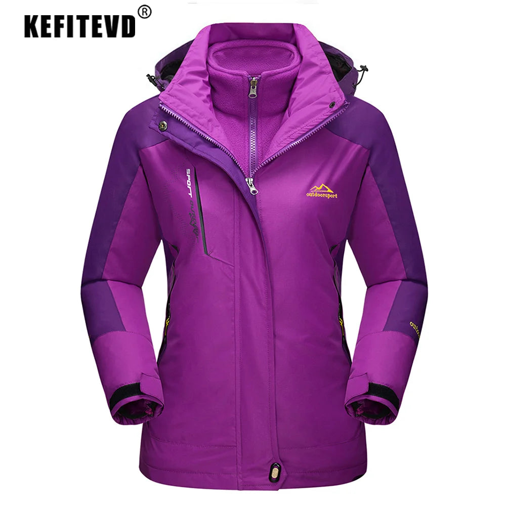 KEFITEVD 3 em 1 Jaquetas de esqui de inverno femininas, lã quente, térmica, neve, jaqueta impermeável, roupas de caminhada, casacos corta-vento para áreas externas