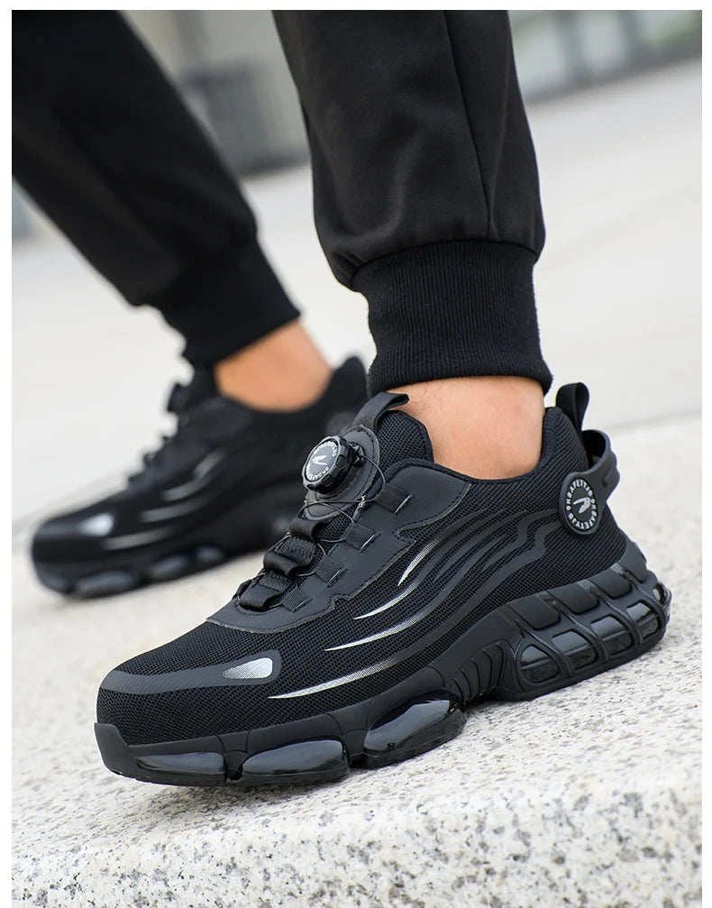 Novos calçados de segurança com botão giratório para homens, anti-esmagamento e anti-furo, calçados de trabalho da moda, calçados esportivos masculinos, botas de segurança e proteção para homens