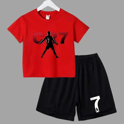 Terno esportivo infantil de verão 2025, camiseta casual de manga curta + shorts, roupa esportiva infantil CR7 Ronaldo