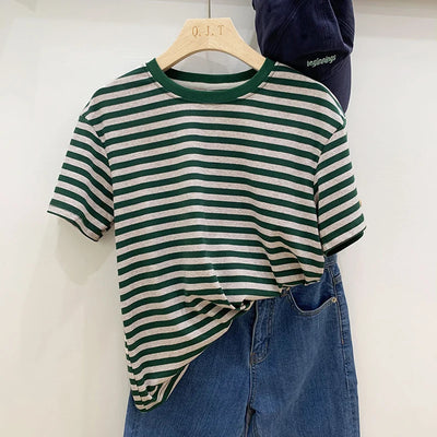 Camisetas listradas de manga curta de verão, versáteis, femininas, de malha, básicas, casuais, camisetas femininas, confortáveis, soltas, de algodão, 2023, camisa Harajuku