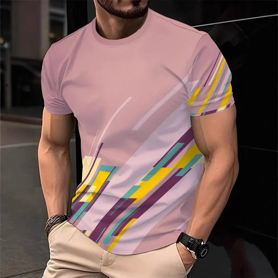 Camiseta listrada casual masculina 2025, manga curta, camisetas grandes, gola redonda, pulôver, camisas masculinas de rua, roupas de verão